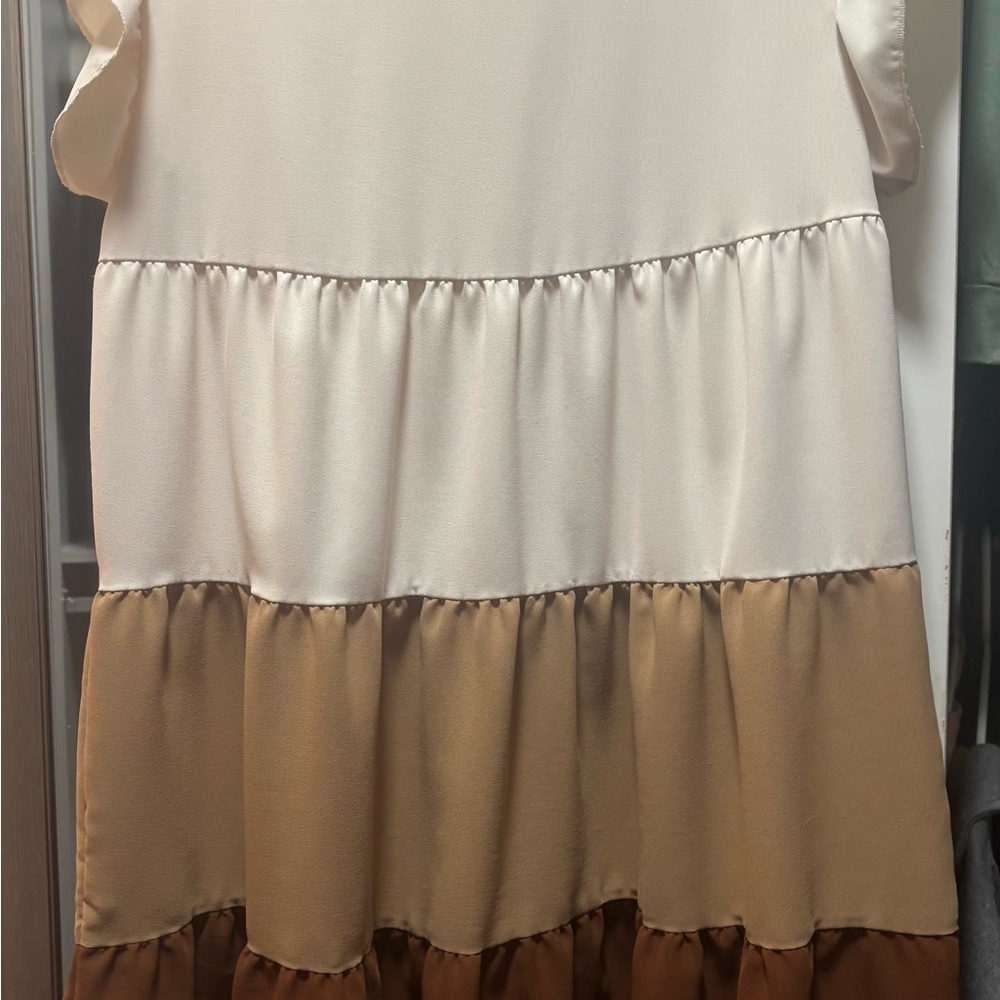 Colorblock Ruffle Tiered Dress — Cream and Camel